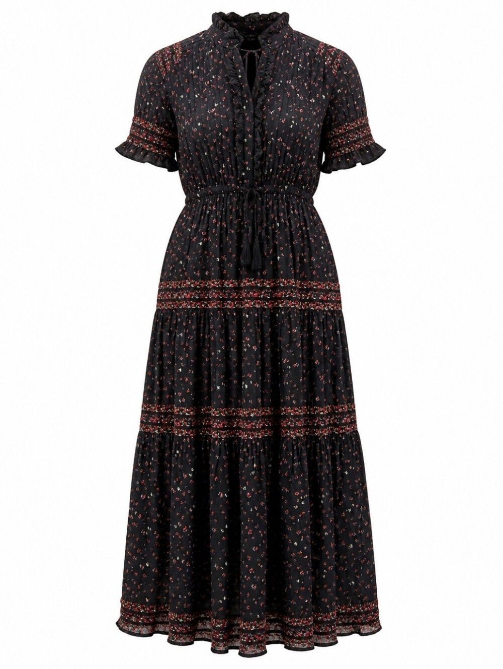 Free People "Rare Feelings" Maxi Dress Floral Tiered Black Size Small